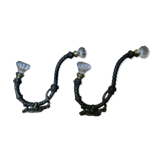 Pair of double hooks in cast iron, crystal and brass 20 years 30