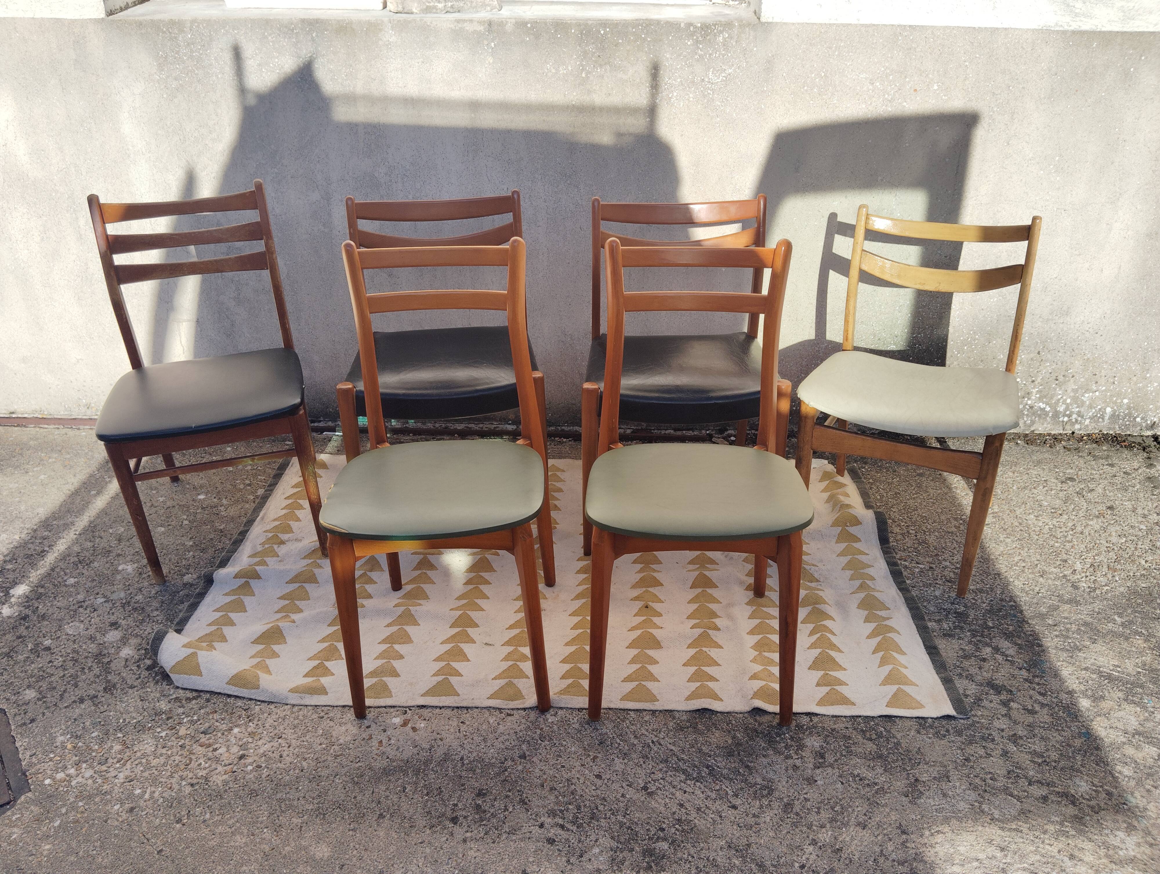 Set 6 chaises vintage scandinave dépareillées