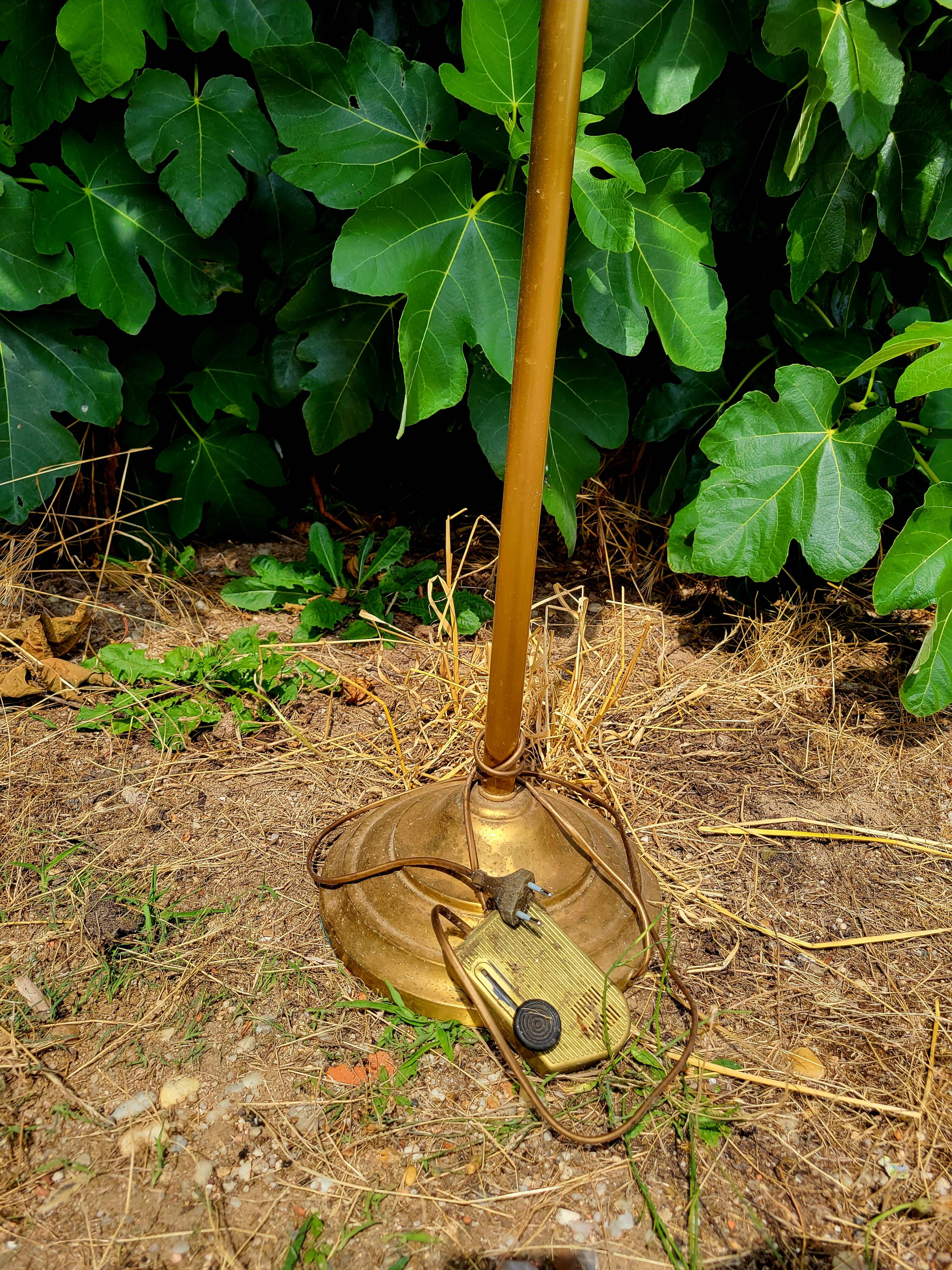 Golden floor lamp with opaline glass lampshade