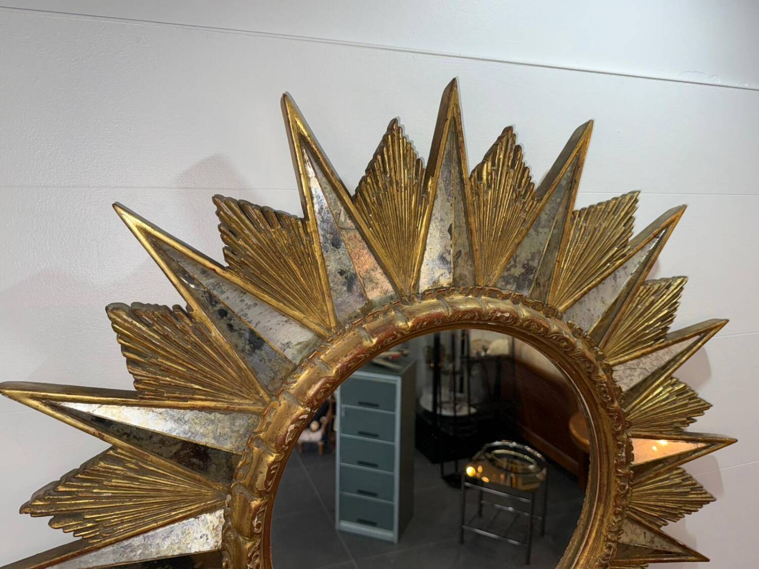 Miroir soleil doré a rayons en bois - années 50