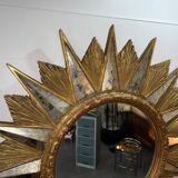Miroir soleil doré a rayons en bois - années 50