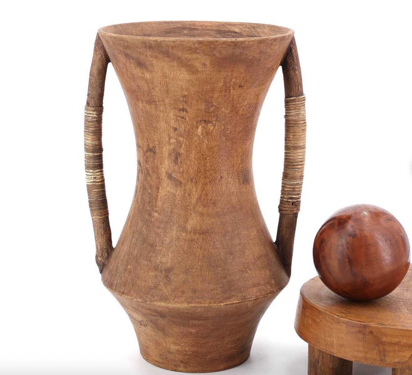 Wooden amphora vase, handles covered with wicker, 1970s.