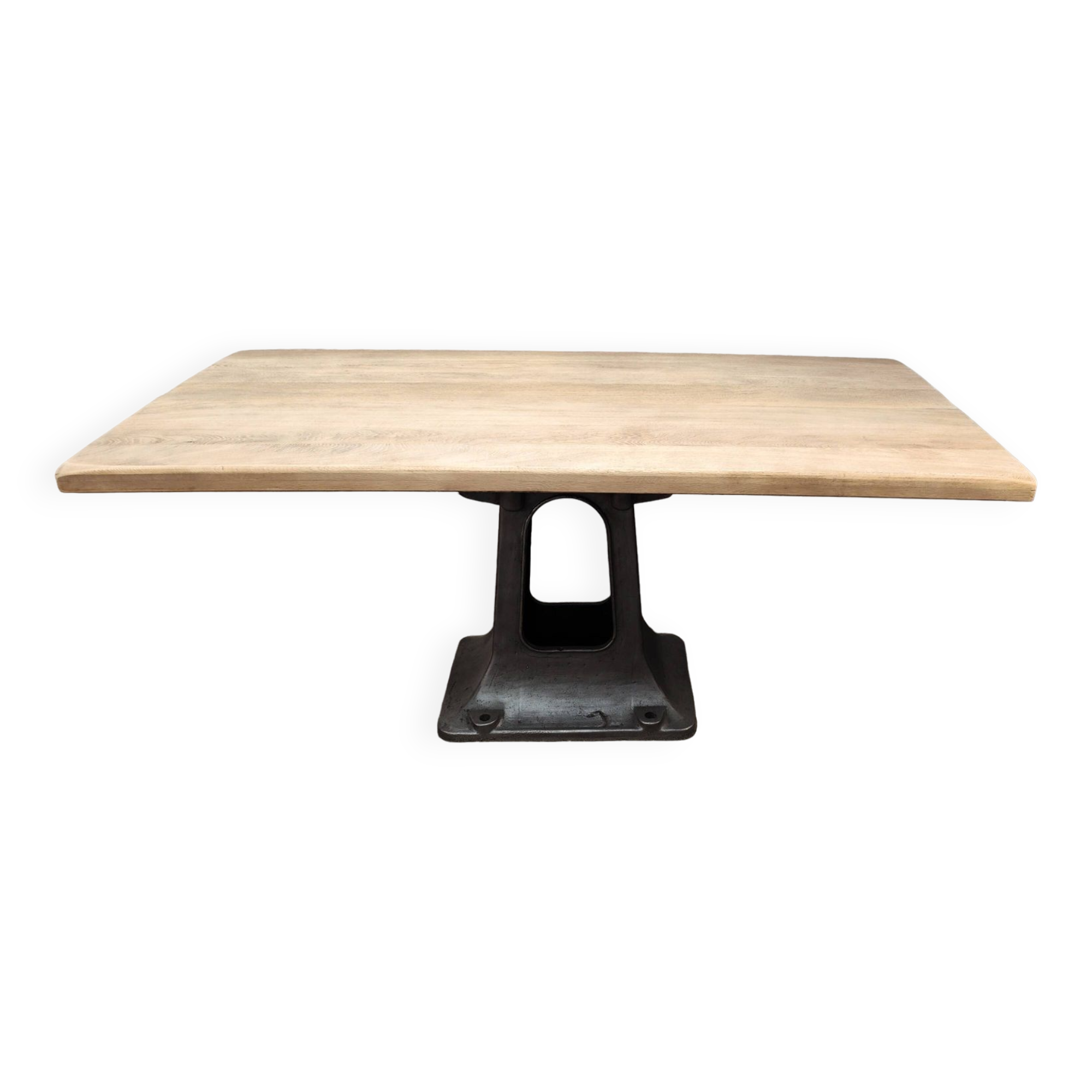 Industrial table with oak top and cast iron central leg