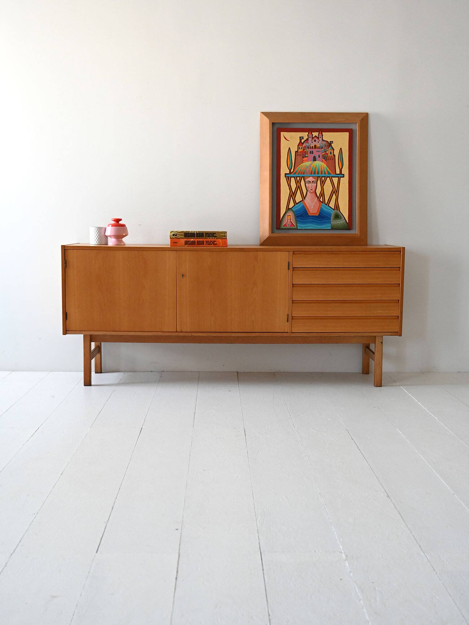 Vintage Scandinavian Oak Sideboard with Tile-Front Drawers