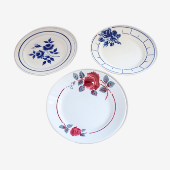 Assortiement de 3 assiettes à fleurs bleu et rouge vintage