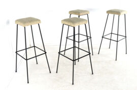 Set of 4 original vintage Bar Stools - black metal with fabric upholstery