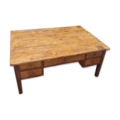 Table basse ancienne en bois, 5 tiroirs