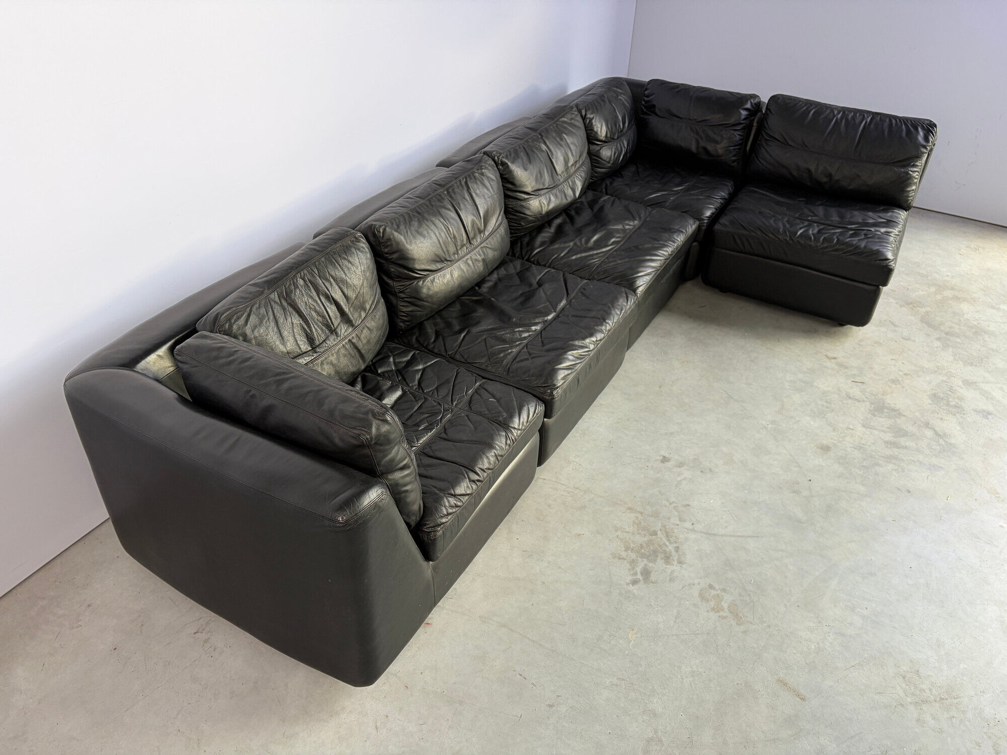 Vintage black leather modular sofa, 1970s