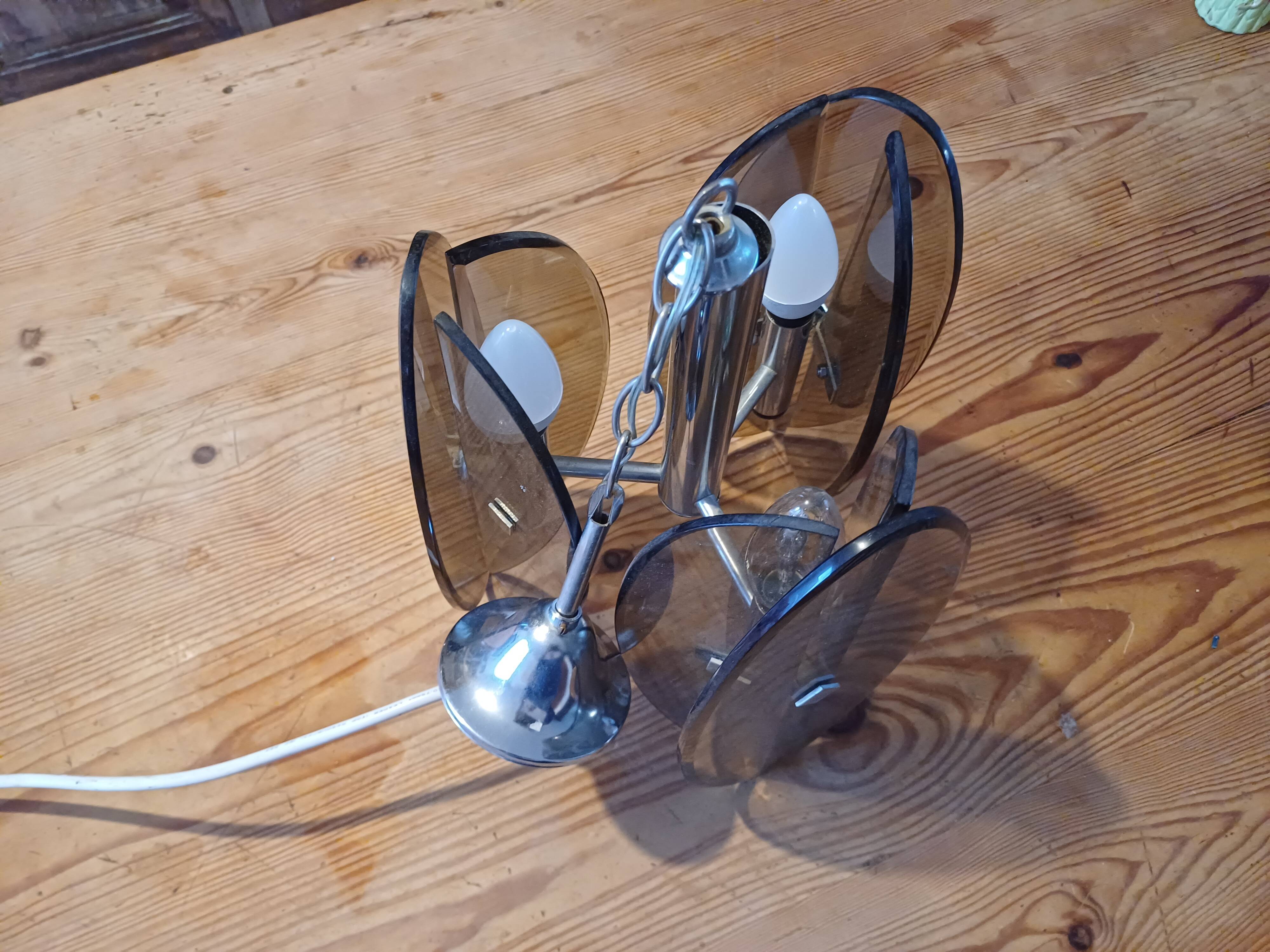 Vintage Chandelier Veca, Chrome and Smoked Glass