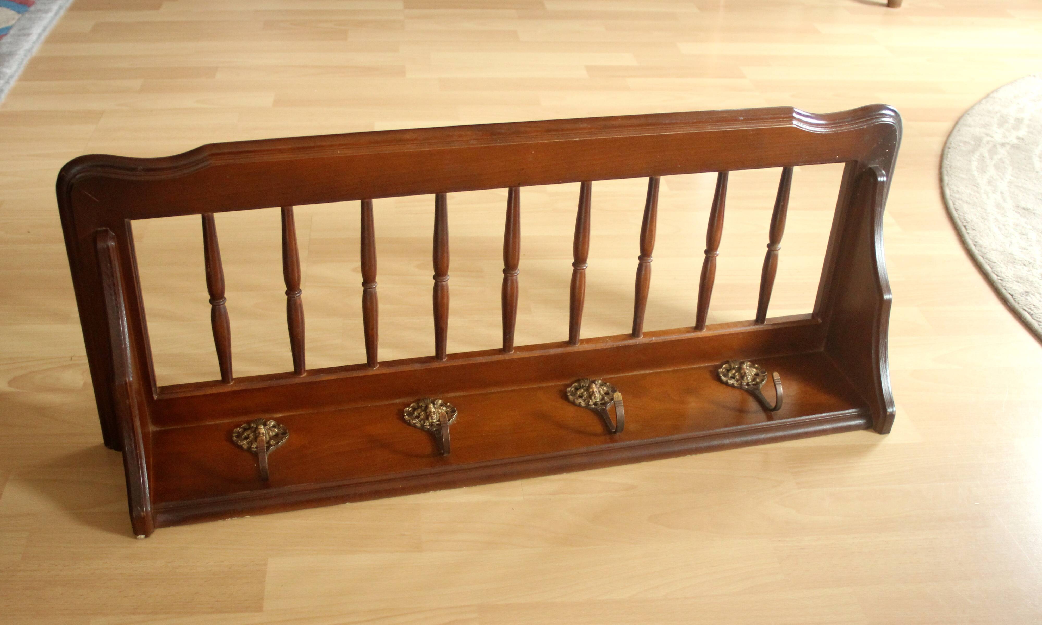 Wall mounted wooden coat rack with shelf wear hats and 4 brass hooks