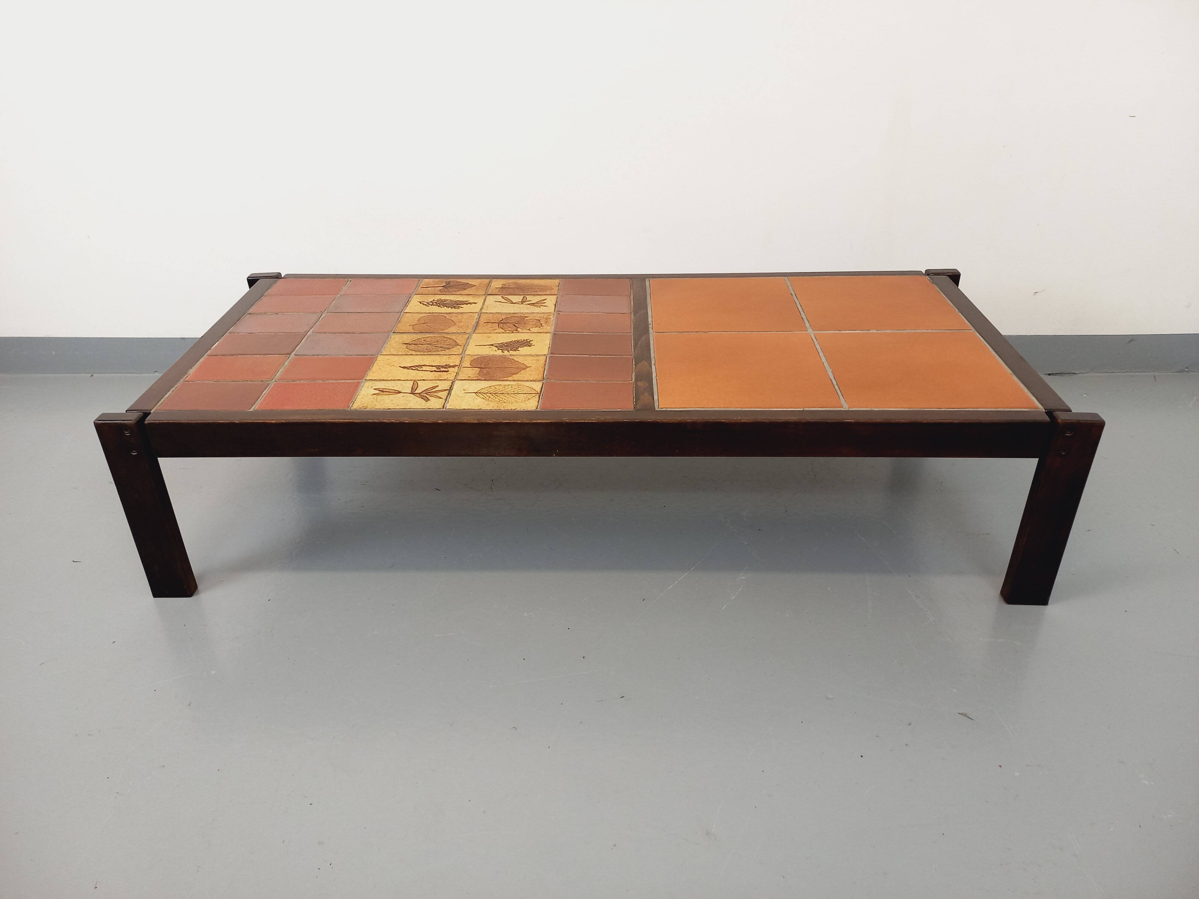 Vintage Roger Capron coffee table in dark wood and Vallauris ceramic from the 60s 70s