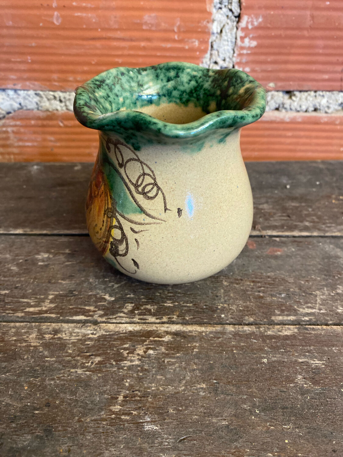 Vintage 1970s Beige Ceramic Vase with Painted Decoration