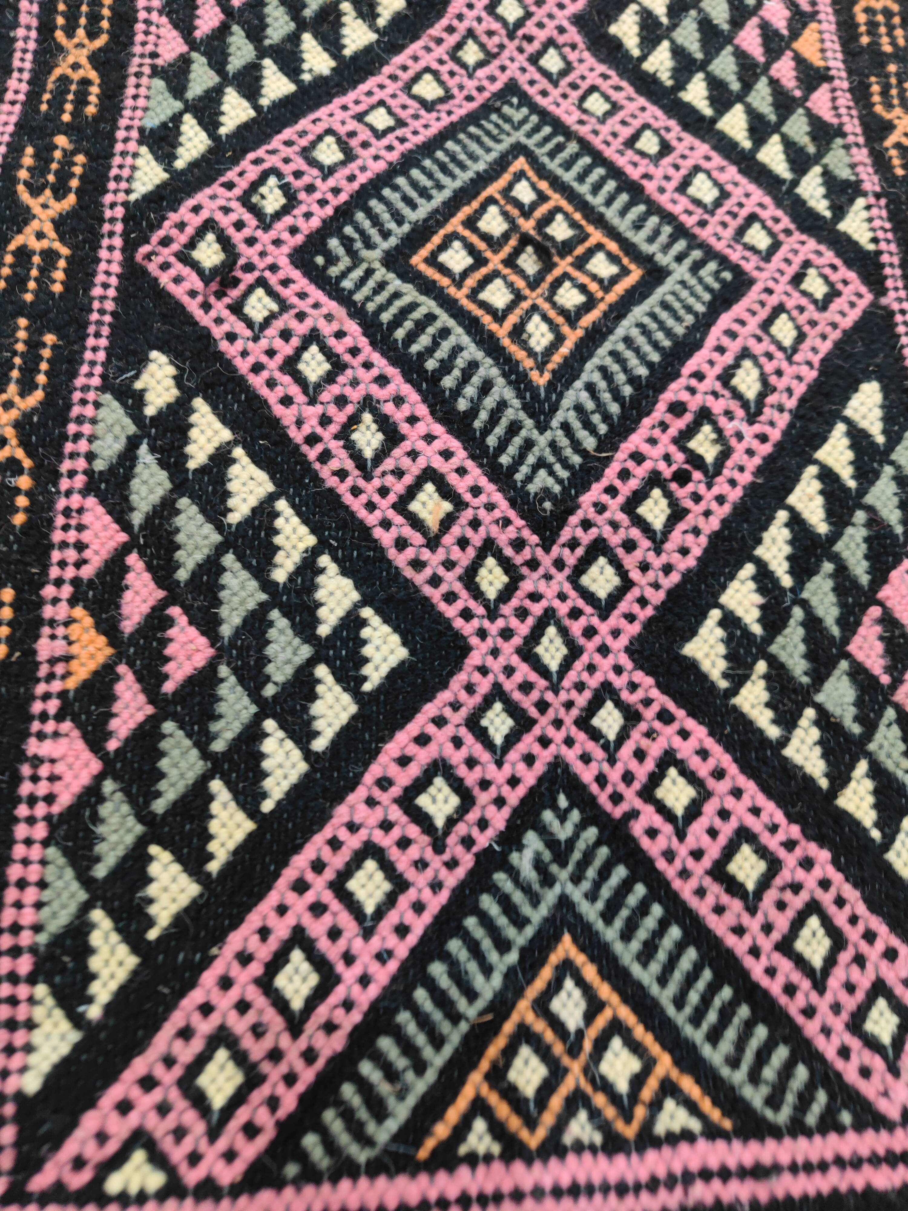 Colorful black margoum rug hand-woven in natural wool