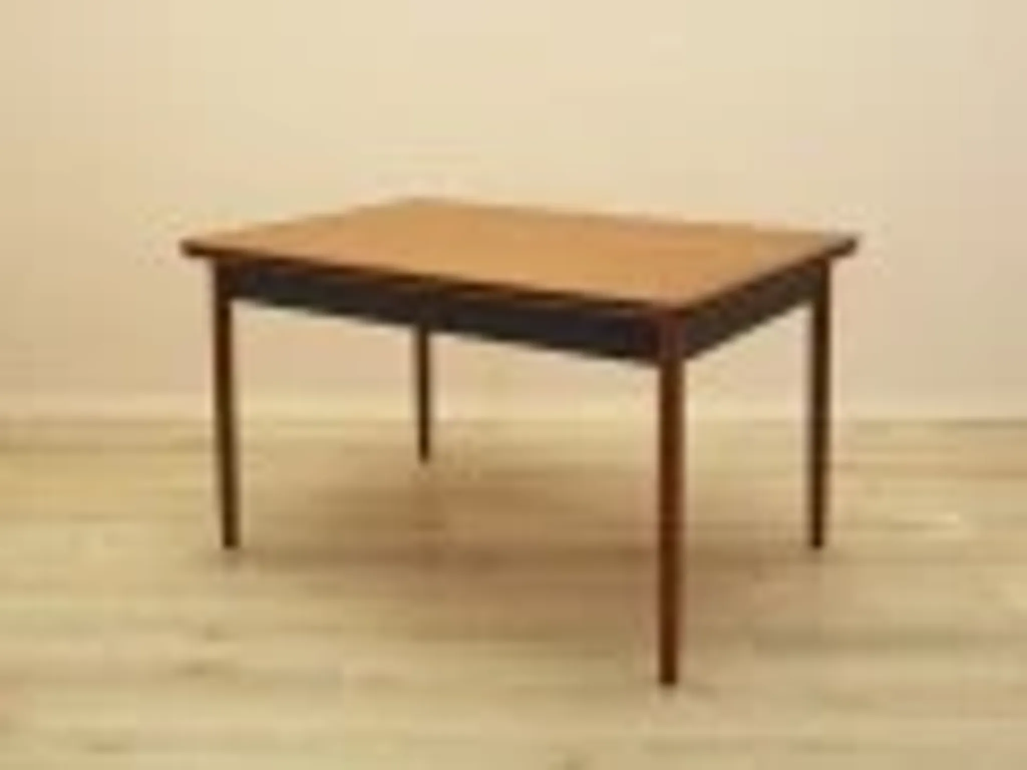 Danish extendable dining table, teak veneer, solid wood legs, leaf storage, 1970s
