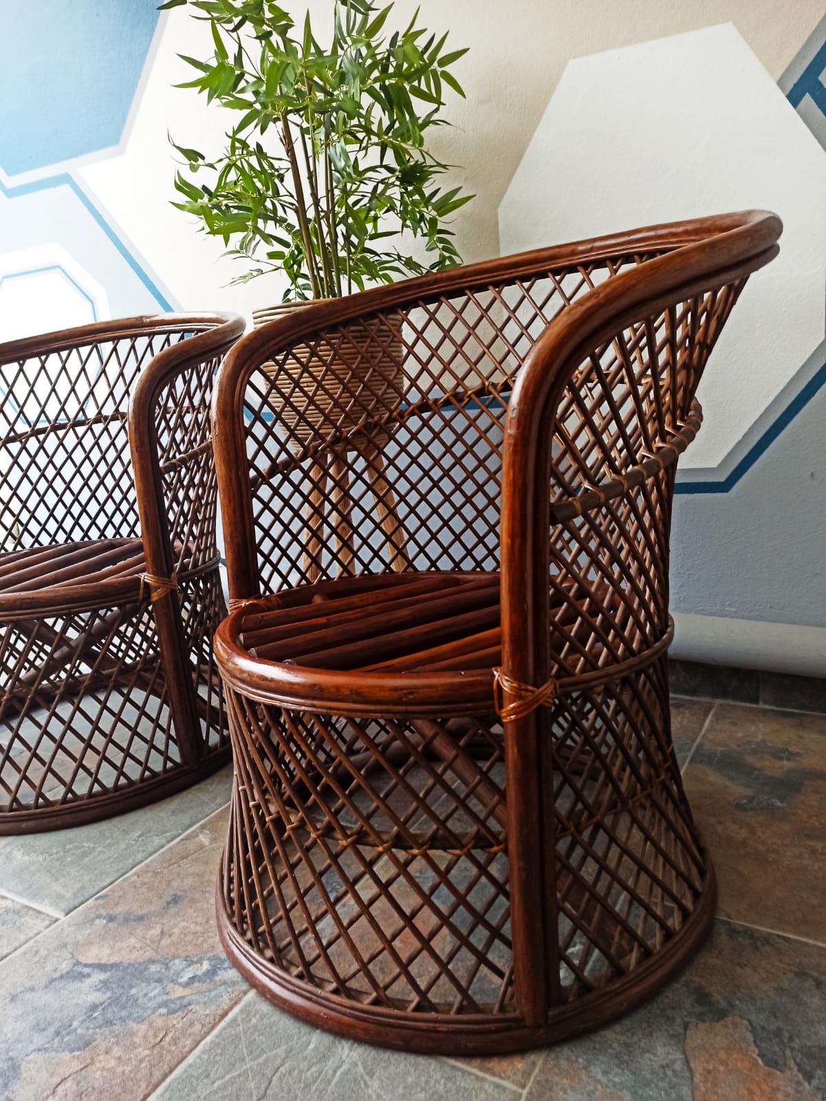 Pair of vintage bamboo rattan armchairs