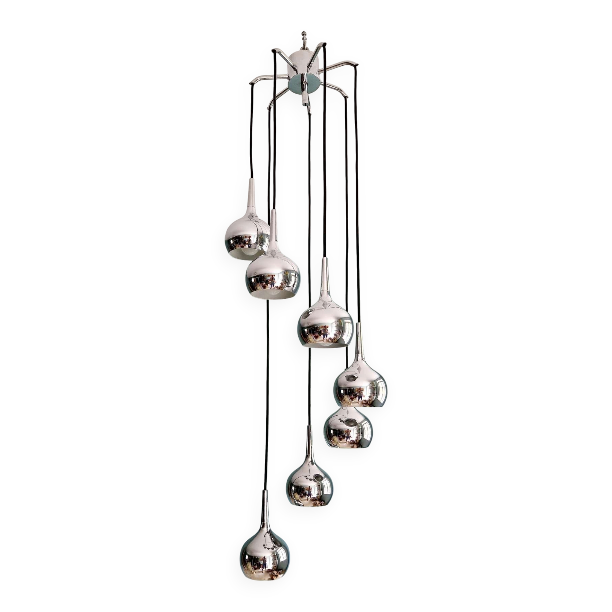 Large chrome metal cascade chandelier, design by Hans-Agne Jakobsson, 1960-70.