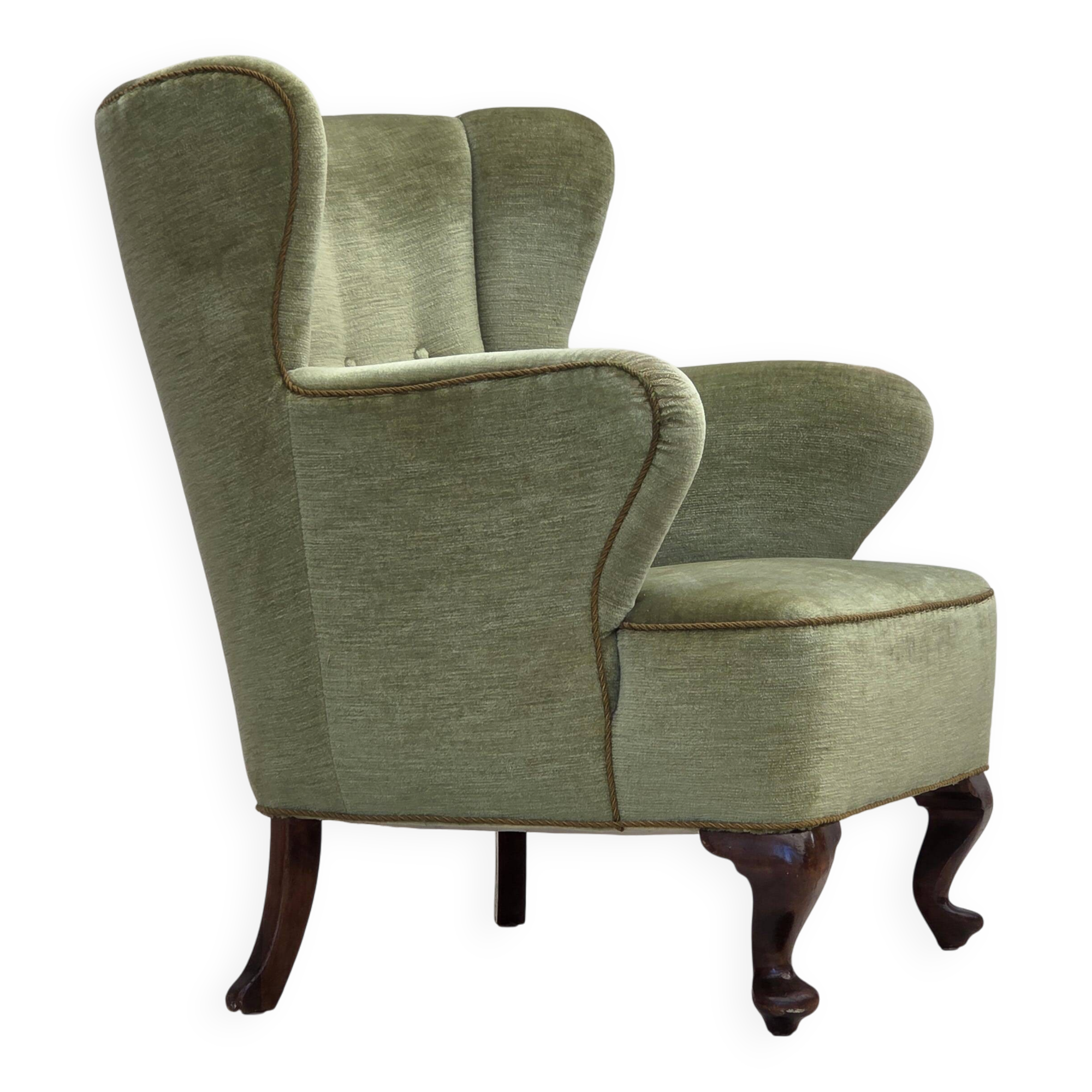 1960s, Scandinavian armchair, green furniture velour, oak wood legs.