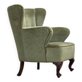1960s, Scandinavian armchair, green furniture velour, oak wood legs.