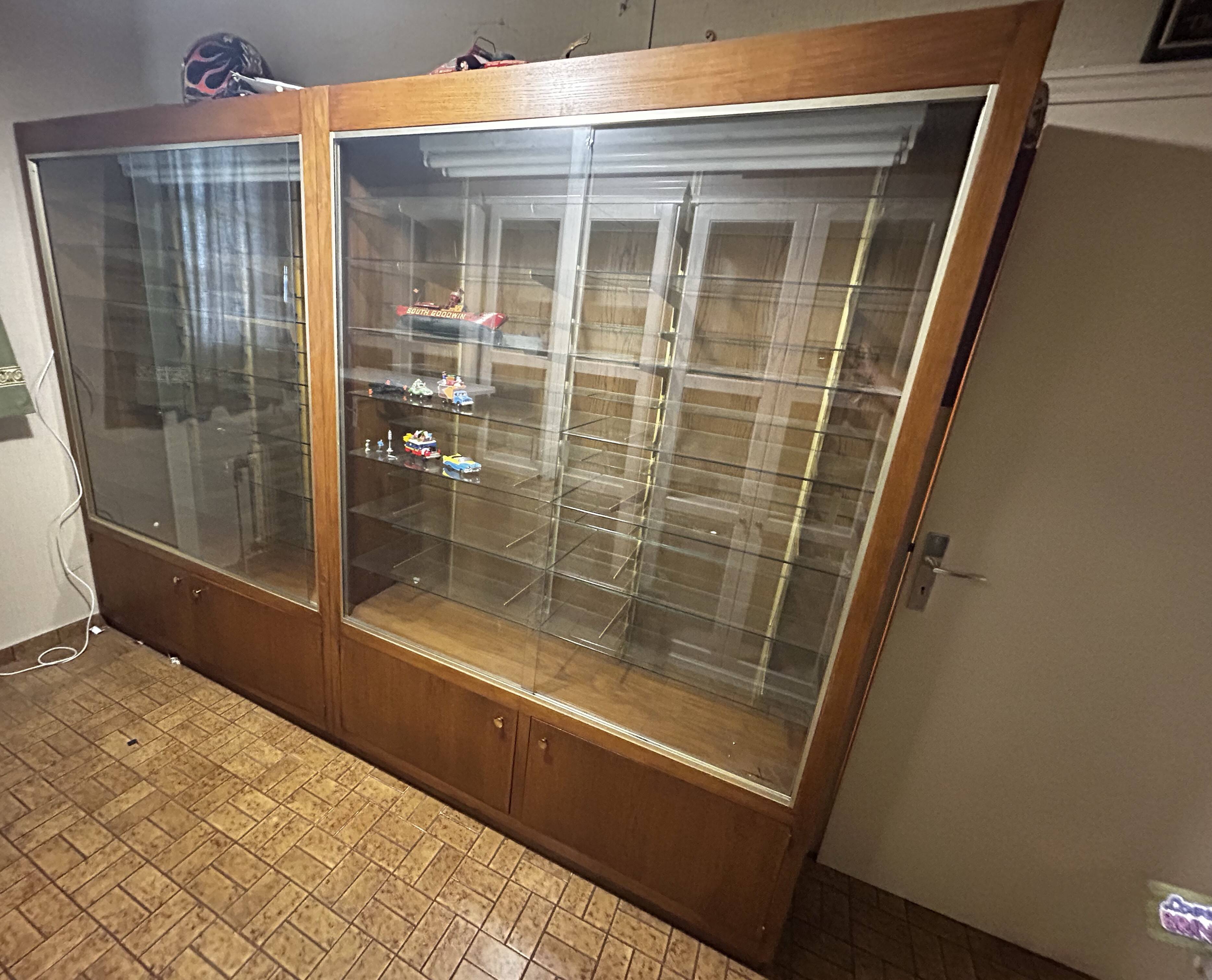 Set of 2 large vintage wooden and glass display cabinets – integrated lighting