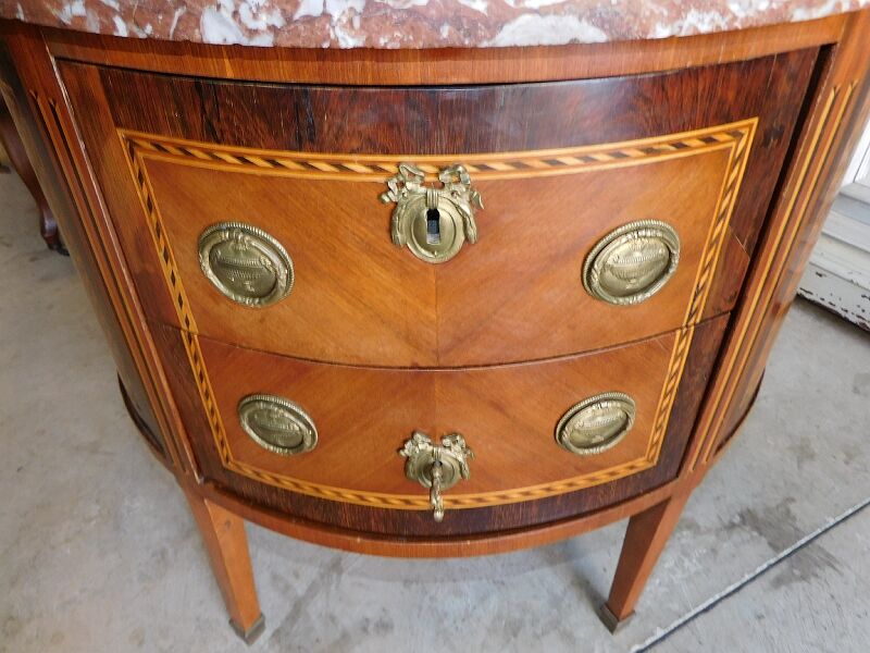 Chest of drawers half moon in marquetry 2 drawers marble top late nineteenth century