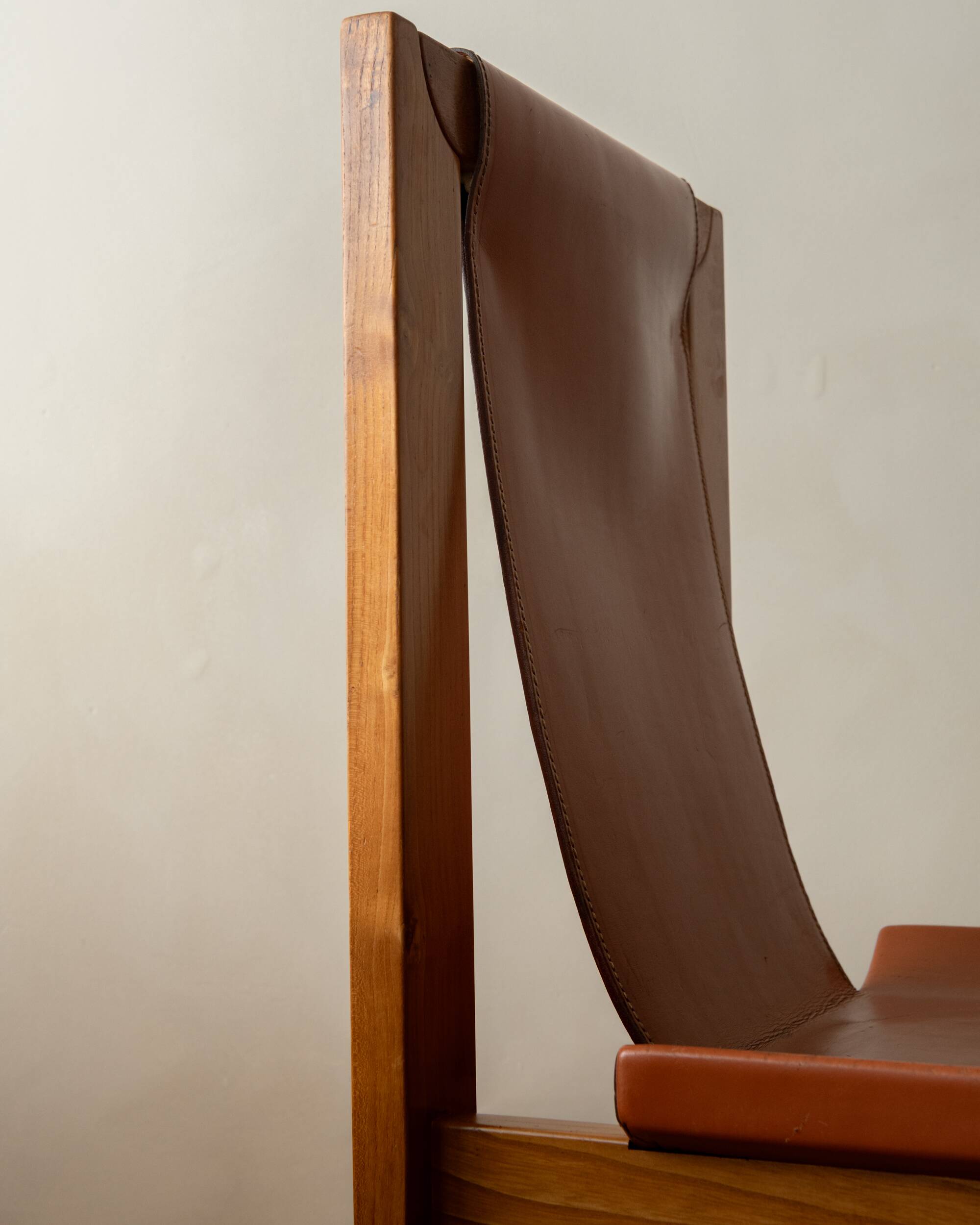 Wood Leather Dining Chairs Luigi Gorgoni Roche Bobois, 1970s, Set of 7