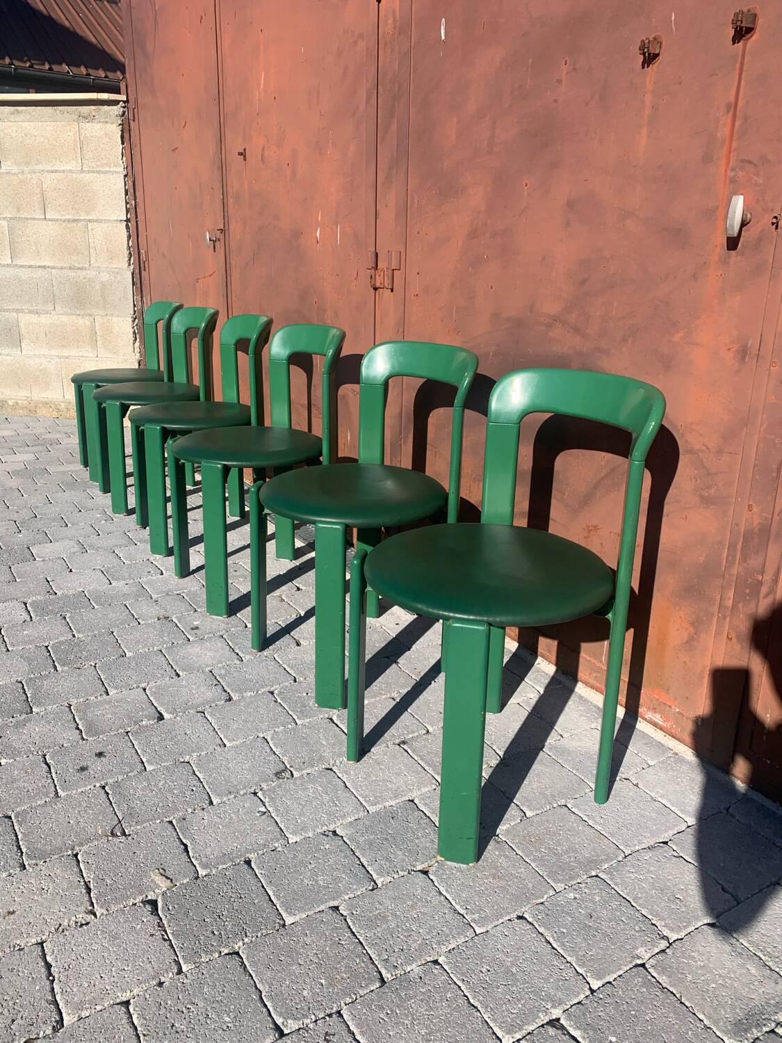 6 Bruno Rey Kush & co Green Stackable Chairs Circa 1970