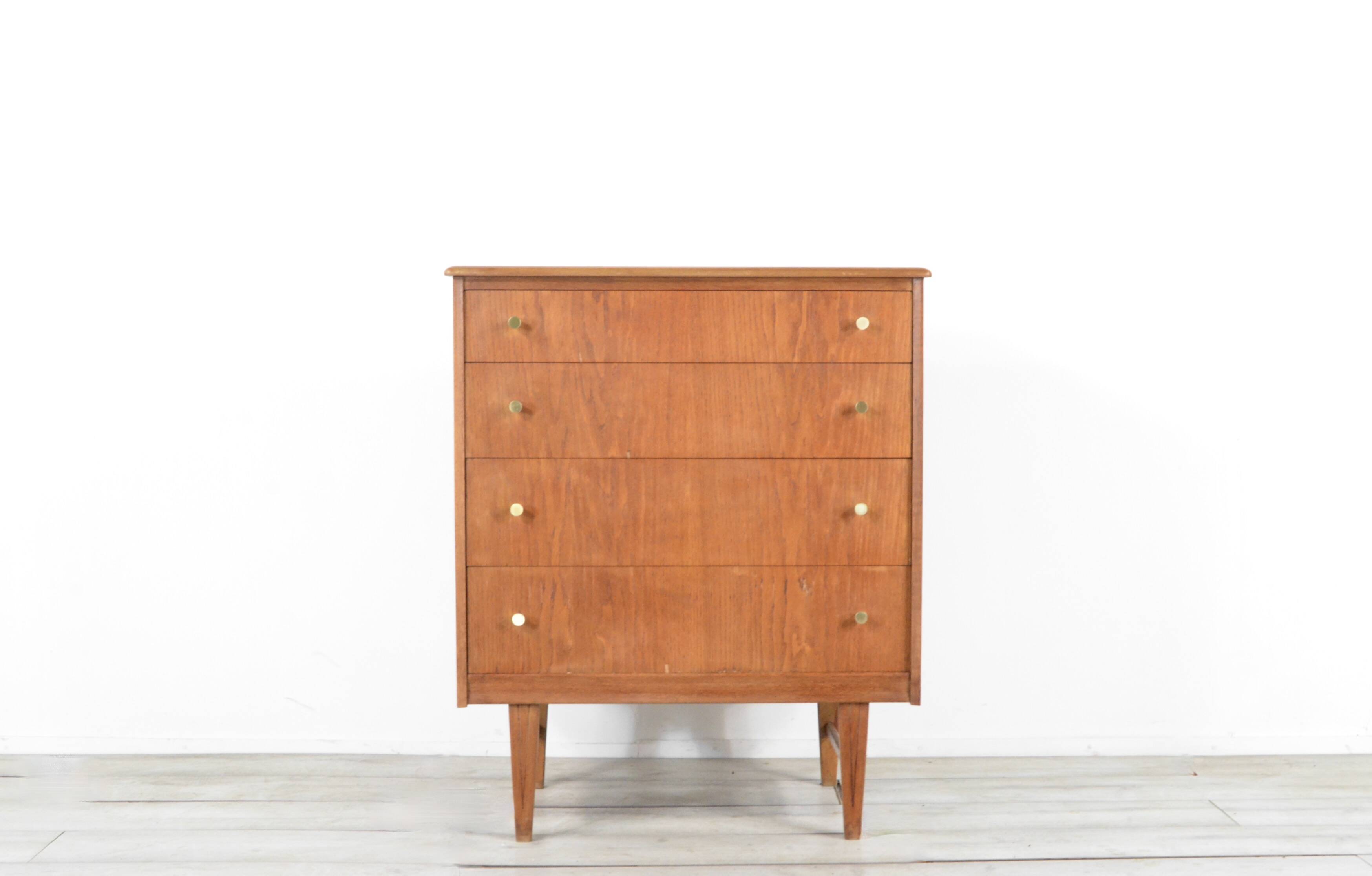 Midcentury Teak And Brass Chest Of Drawers Tallboy. Vintage Modern Retro