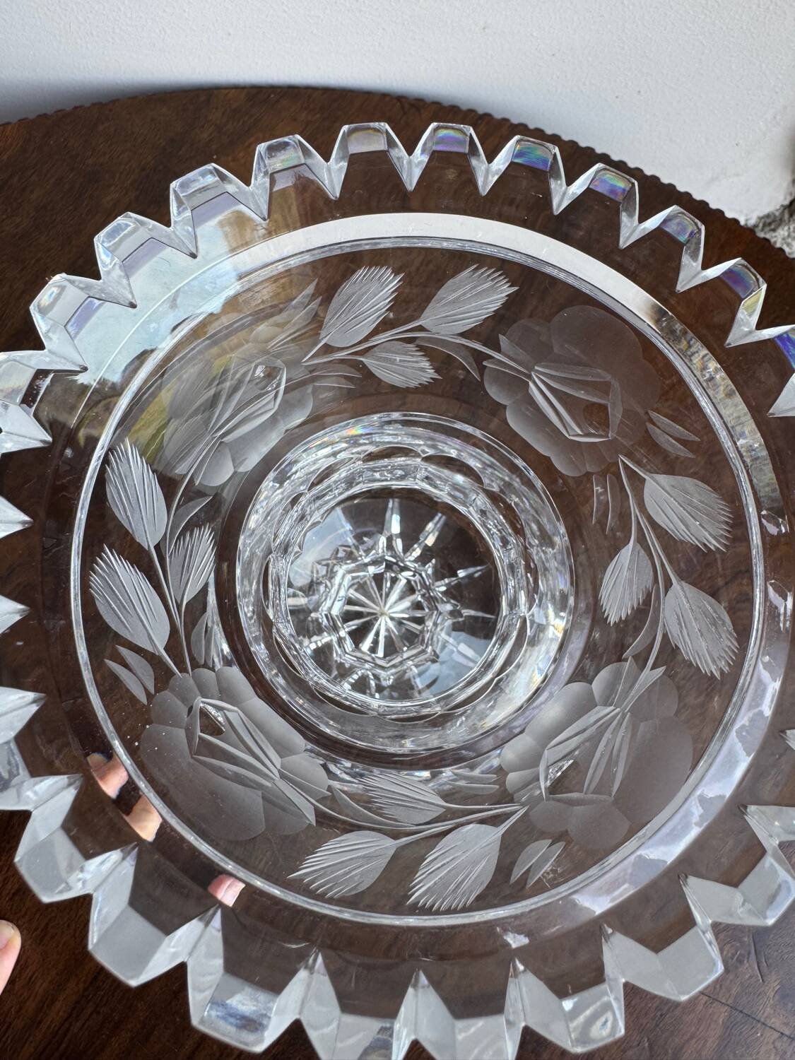 Cut and engraved crystal vase – vintage floral decoration