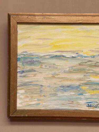 Mid-Century Oil on Panel "Waves" by Aline Rolfstadius, Vintage & Framed 28×22cm
