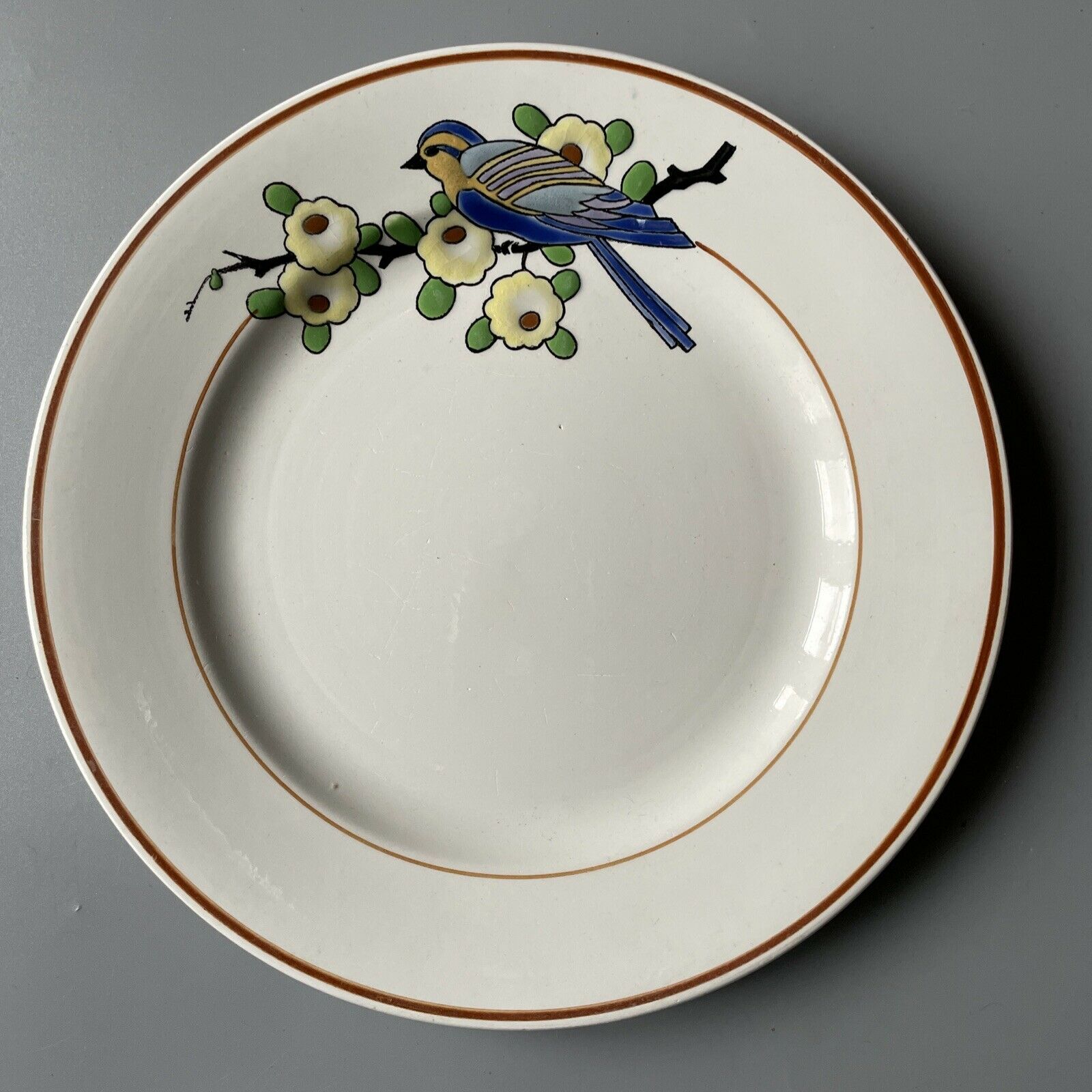 Plate enamels of longwy model bird blue yellow flowers