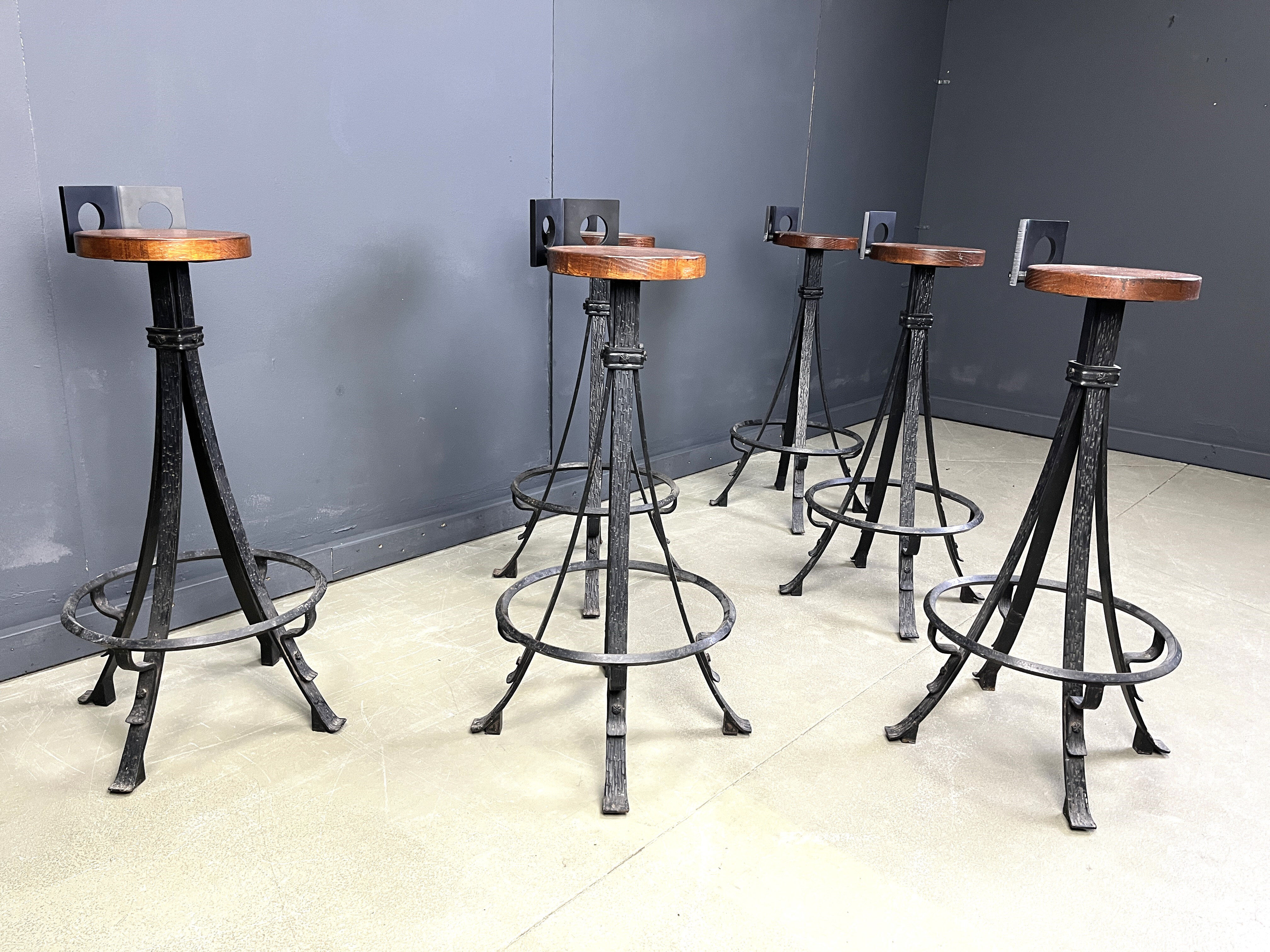 Vintage brutalist wrought iron bar stools, 1960s - set of 6