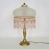 Lampe de table, lampe de chevet 2 feux, pied laiton, globe et perles rose