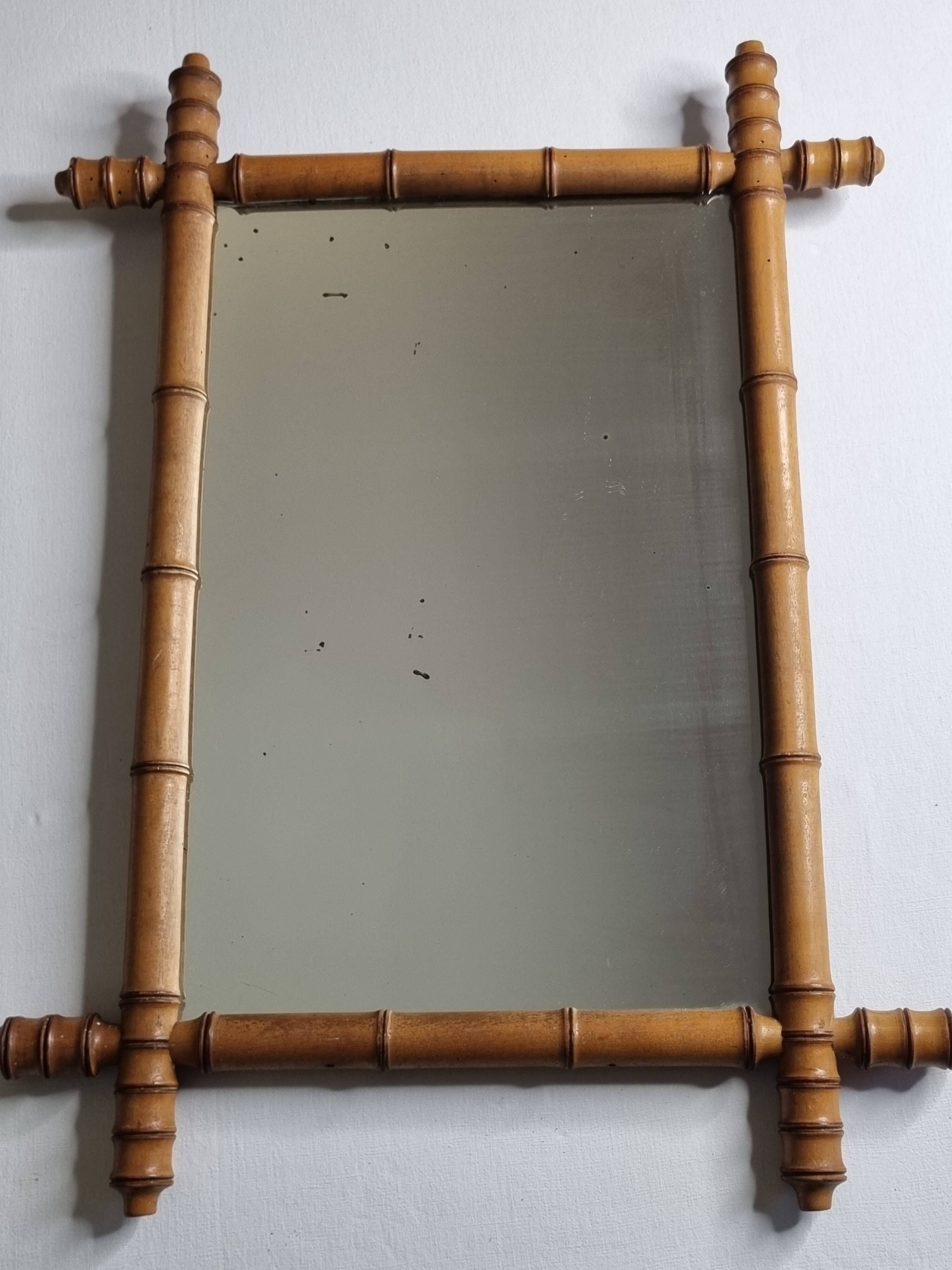 Antique mirror in turned wood, light bamboo style, late 19th century, 62 x 46 cm