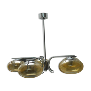 Lustre vintage chrome et verre fume 5 lumieres