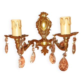 Applique style Louis XV Bronze doré Vintage des années 1920, pampilles Goutte Cristal, style Baroque