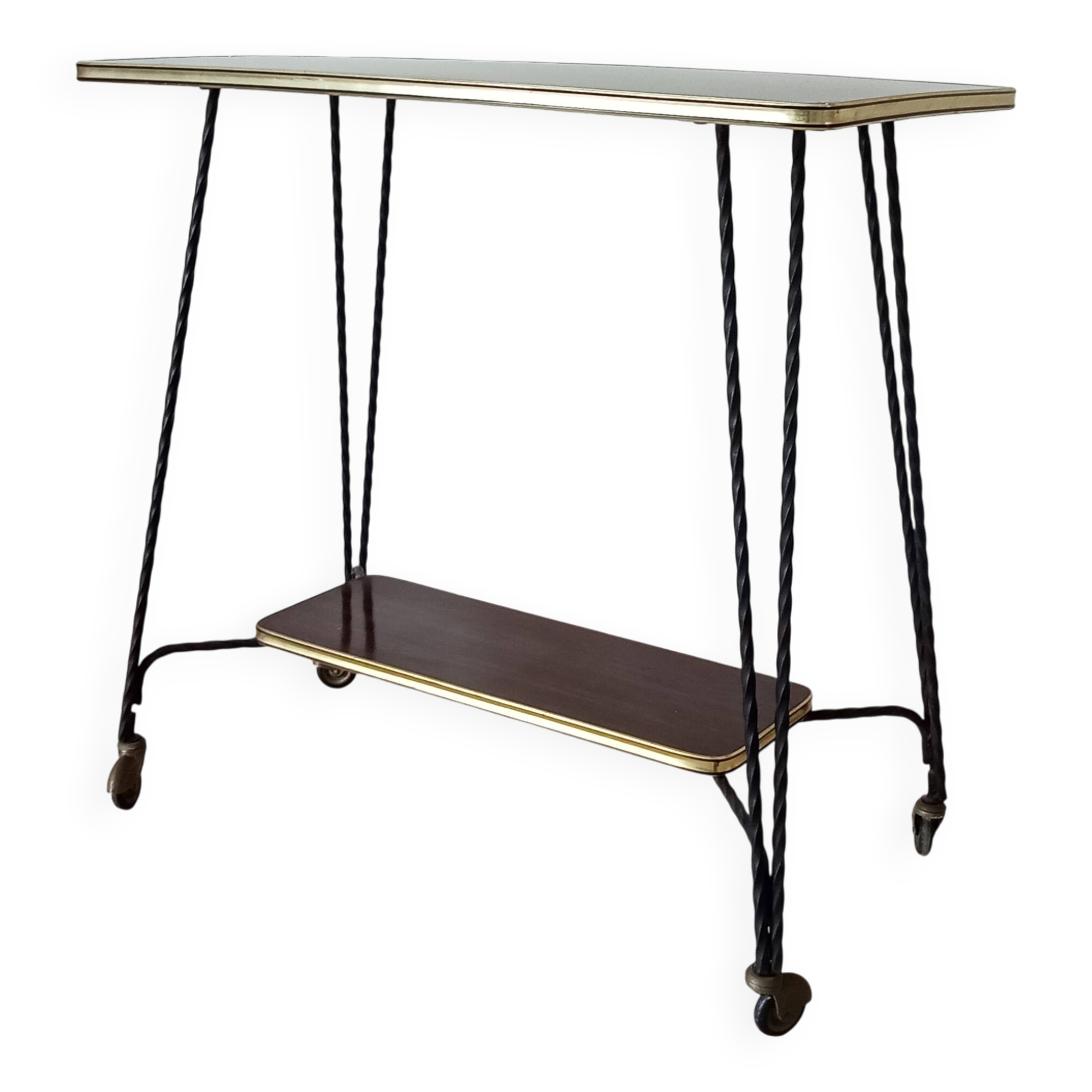 Vintage Formica and wrought iron rolling dessert trolley/side table.
