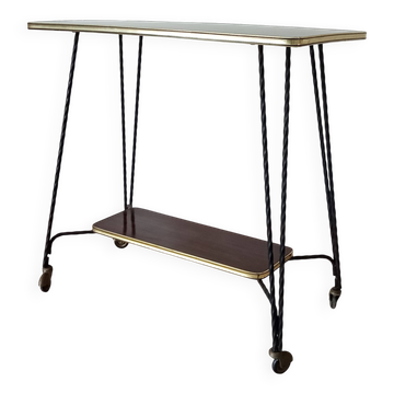 Vintage Formica and wrought iron rolling dessert trolley/side table.