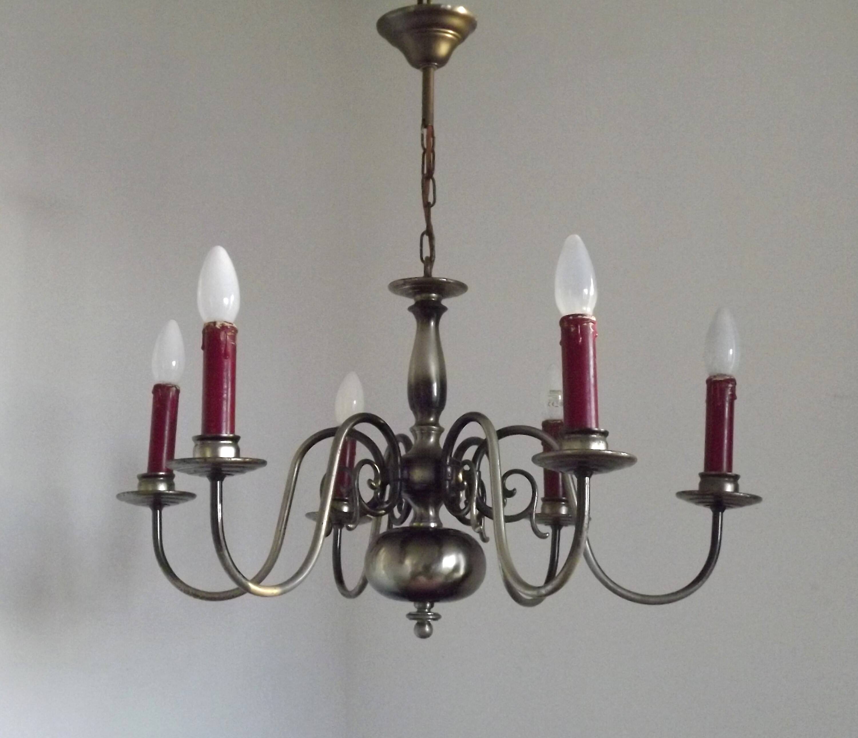 French Vintage Two-Tone Silver Metal 6-Light Flemish Chandelier with Red Drips