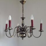 French Vintage Two-Tone Silver Metal 6-Light Flemish Chandelier with Red Drips