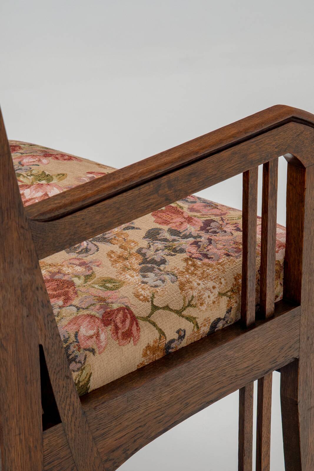 Art Nouveau Armchair in Oak with Floral Upholstery, Belgium, 1900s