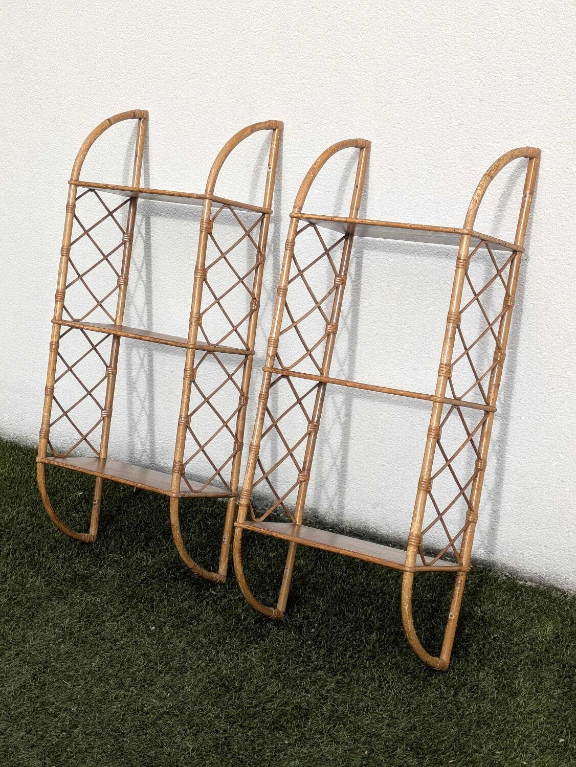 Pair of vintage bamboo and rattan wall shelves 1960