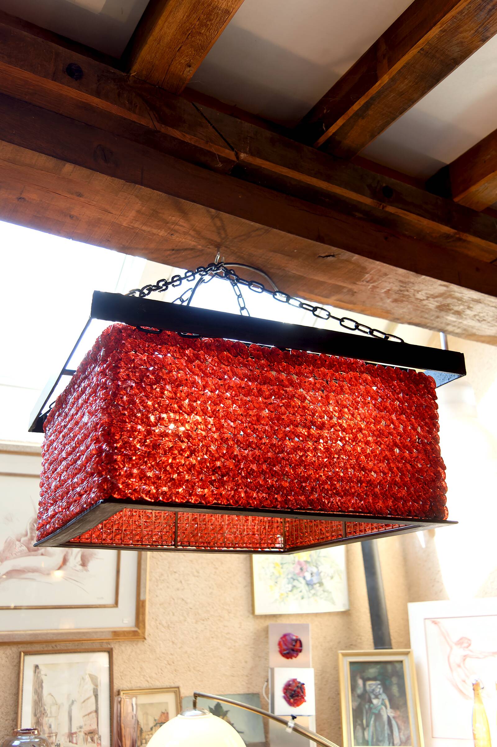 Important Red Glass Bead Chandelier, Murano, Brutalism, c. 1970