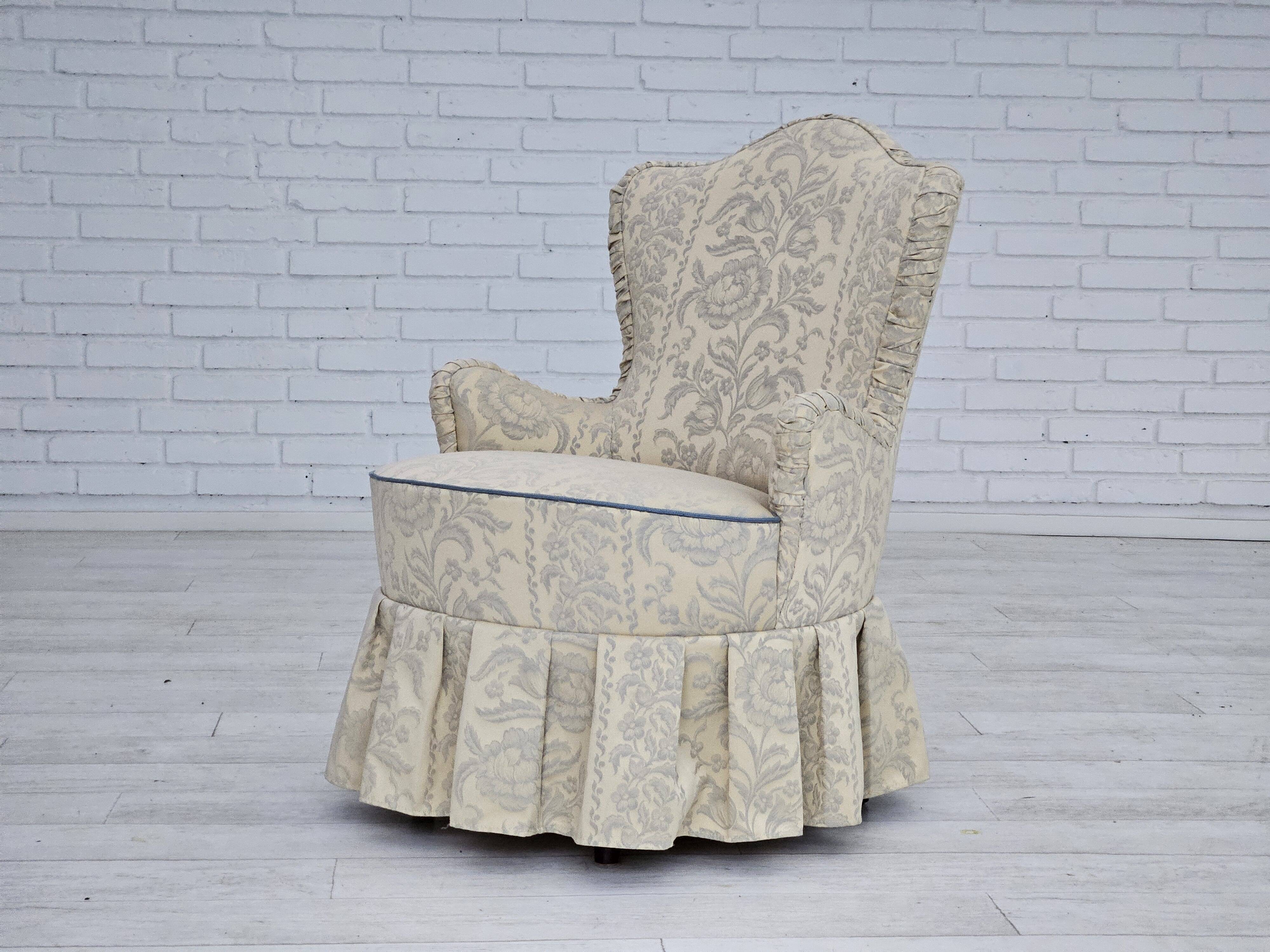 1950s, Danish armchair, reupholstered, creamy/white floral fabric.
