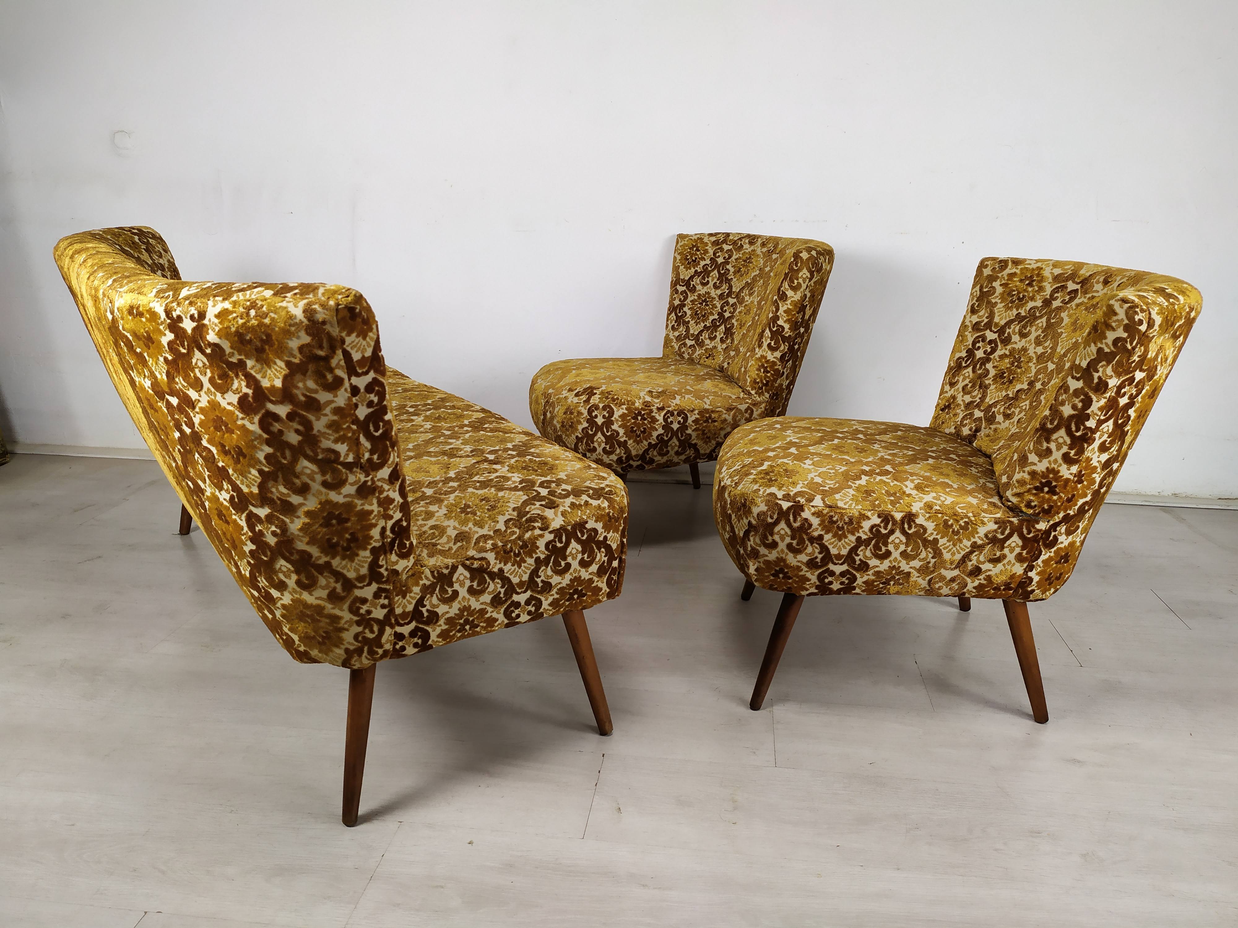 Bench and 2 vintage cocktail armchairs