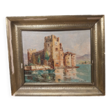 Oil on canvas by RU Rinaldi: castle on the banks