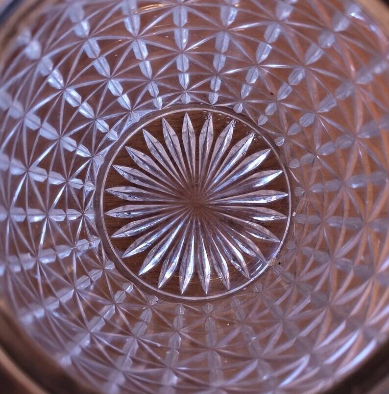 Vintage French barrel-style cut glass ice bucket, decorative metal handle 4506