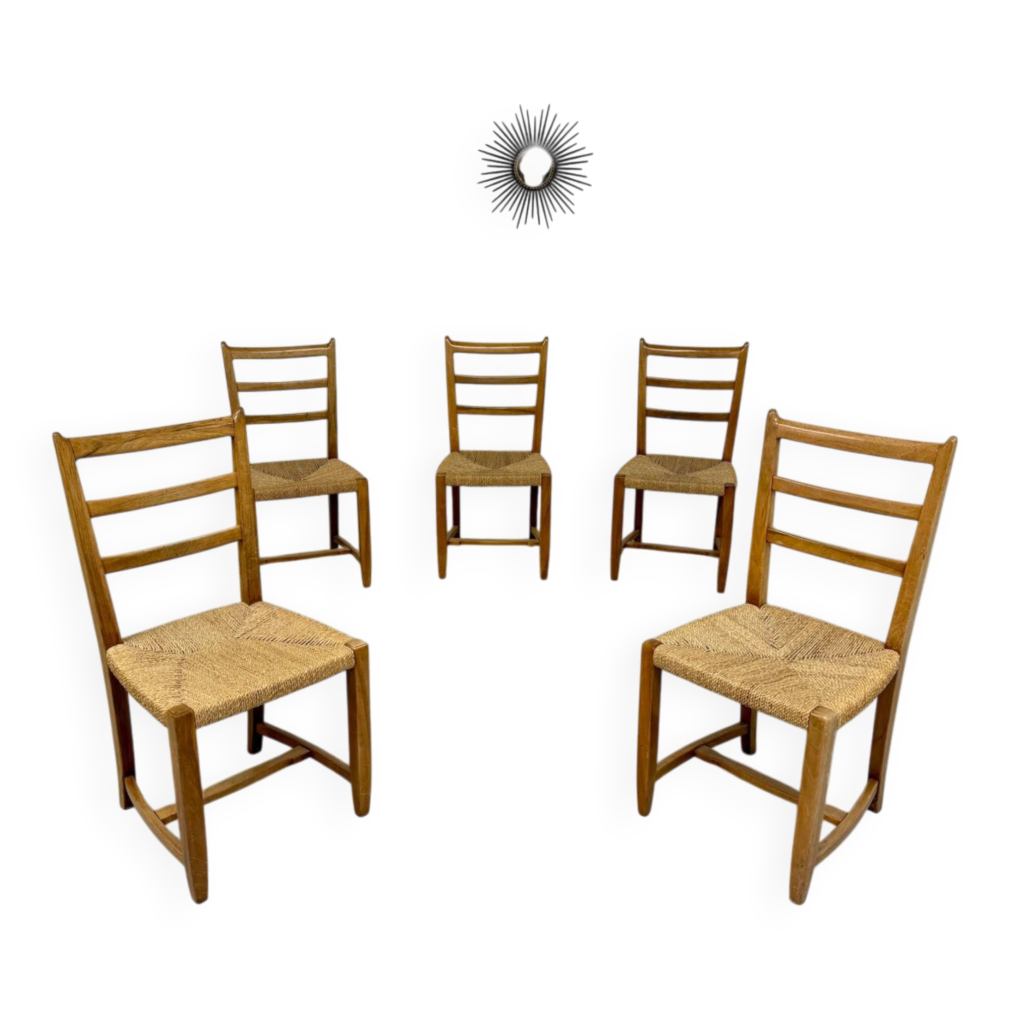 Set of 5 wooden chairs with rope seats, Scandinavian design, 1970s