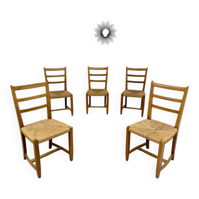 Lot de 5 chaises en bois et assises corde design scandinave années 70