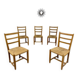 Set of 5 wooden chairs with rope seats, Scandinavian design, 1970s