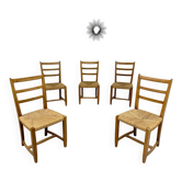 Set of 5 wooden chairs with rope seats, Scandinavian design, 1970s